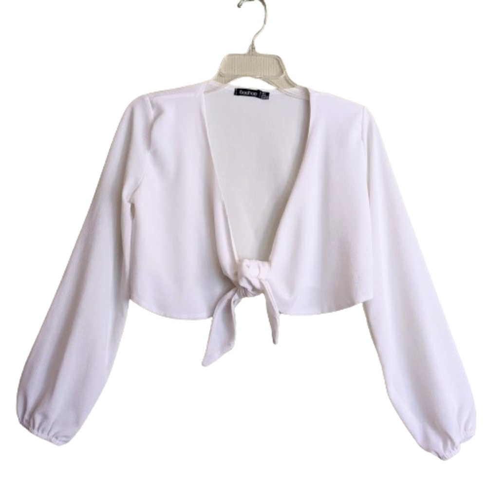 Boohoo Top White Tie Front Crop Long Balloon Sleeves V-neck
